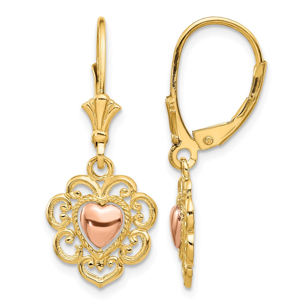 14K Two-tone Heart with Lace Trim Leverback Earrings, 29 x 12 mm