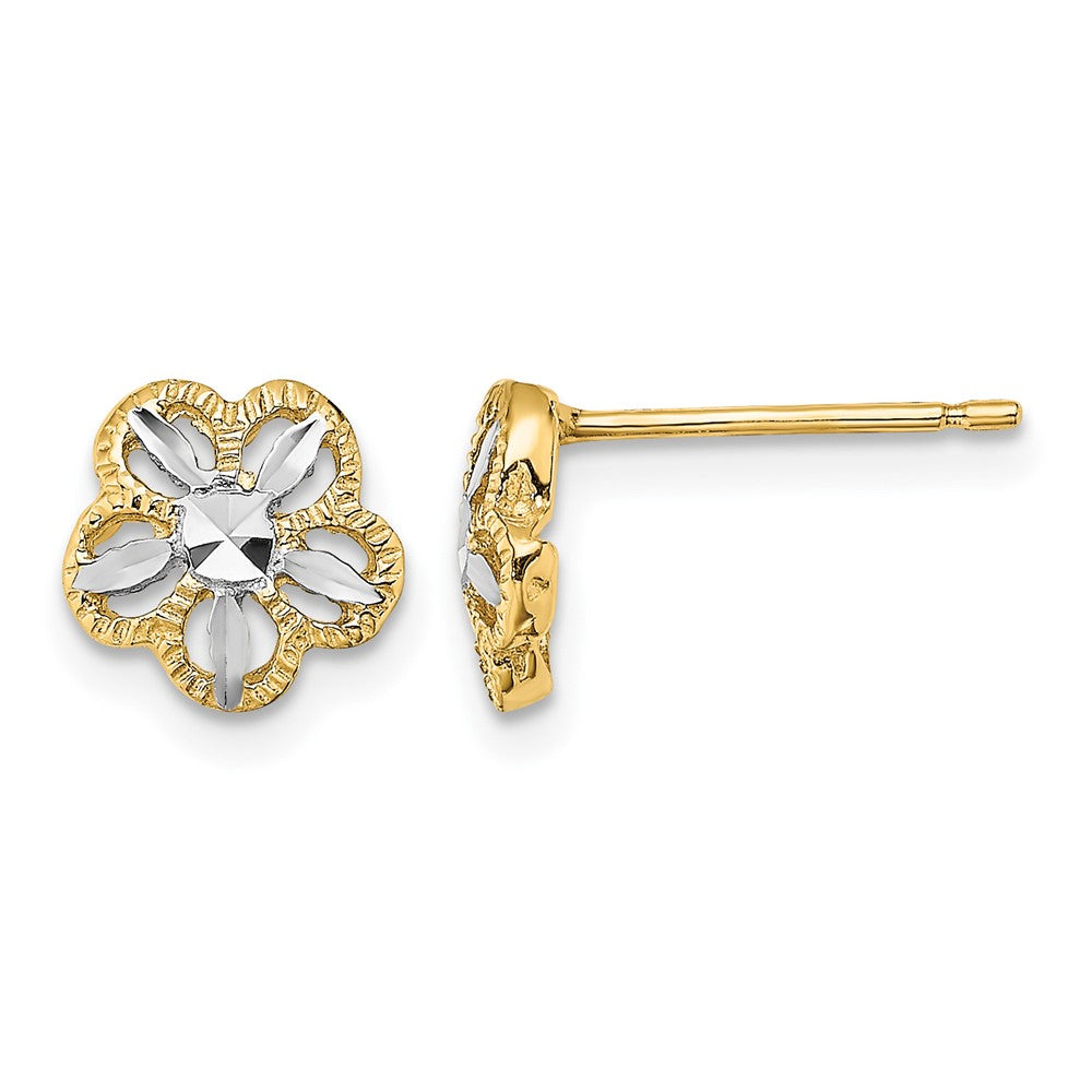 14K and White Rhodium Diamond-cut Flower Post Earrings, 7.9 x 7.9 mm