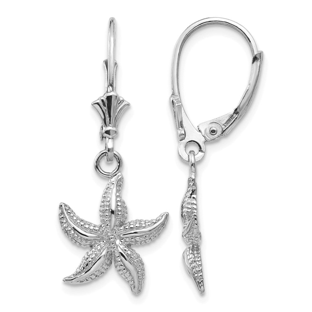 14K White Gold Starfish Leverback Earrings, 31 x 12 mm
