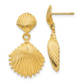 14K Scallop Shell Dangle Post Earrings, 26 x 15 mm