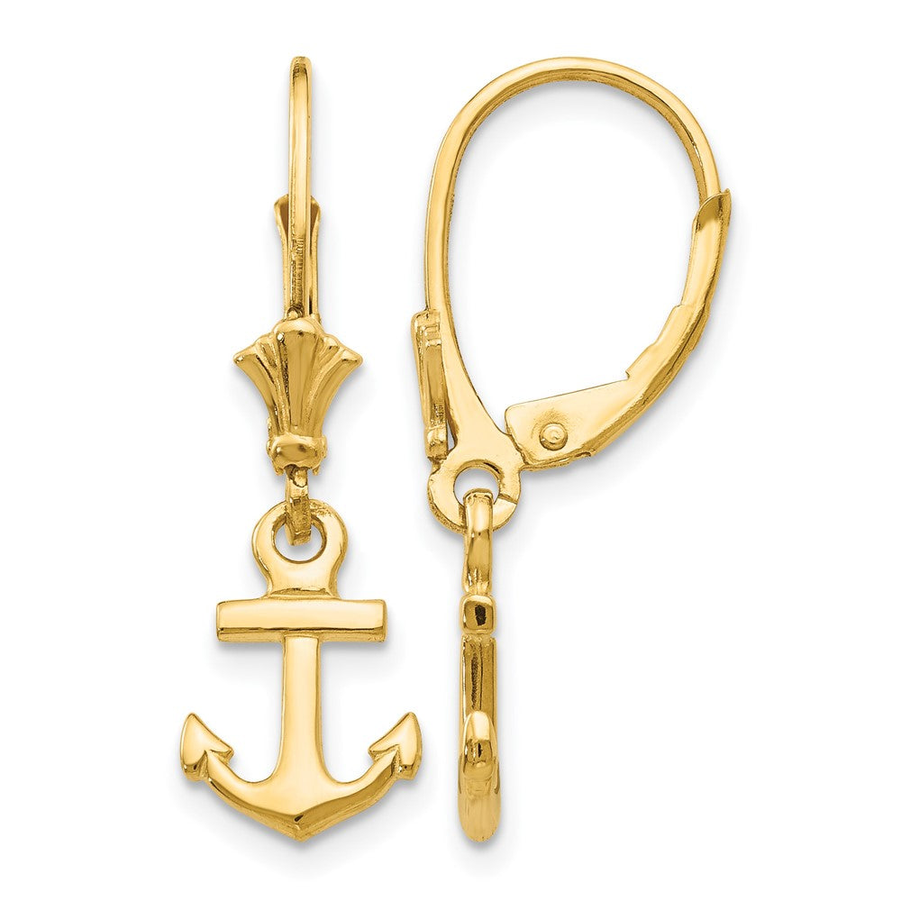 14K Mini Anchor Dangle Leverback Earrings, 26 x 8 mm