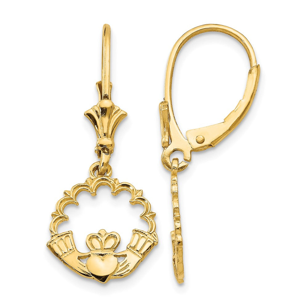 14K Claddagh in Circle Dangle Leverback Earrings, 30 x 11 mm