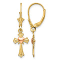 14K Two-tone Heart on Cross Dangle Leverback Earrings, 32 x 9 mm