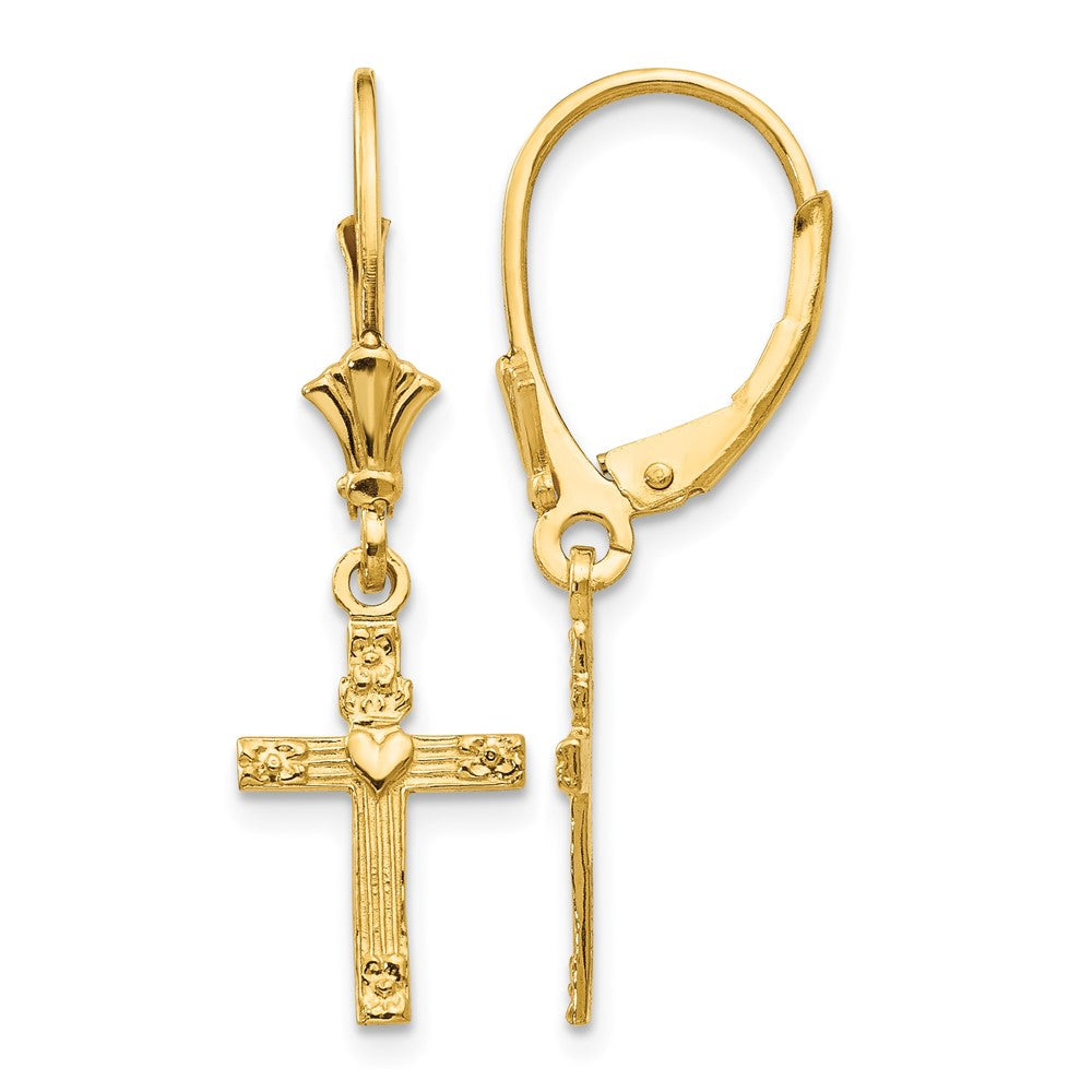14K Cross with Heart Dangle Leverback Earrings, 31 x 9 mm