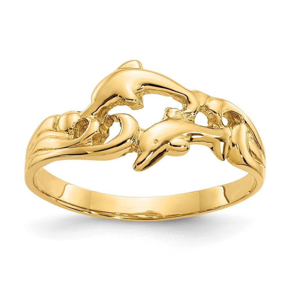 14K Double Dolphins with Waves Ring, Size 6.5