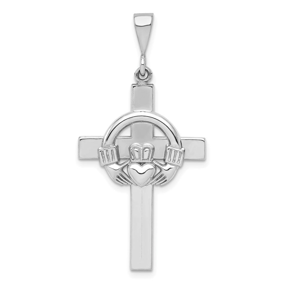 14k White Gold Claddagh Cross Pendant, 41 x 20 mm