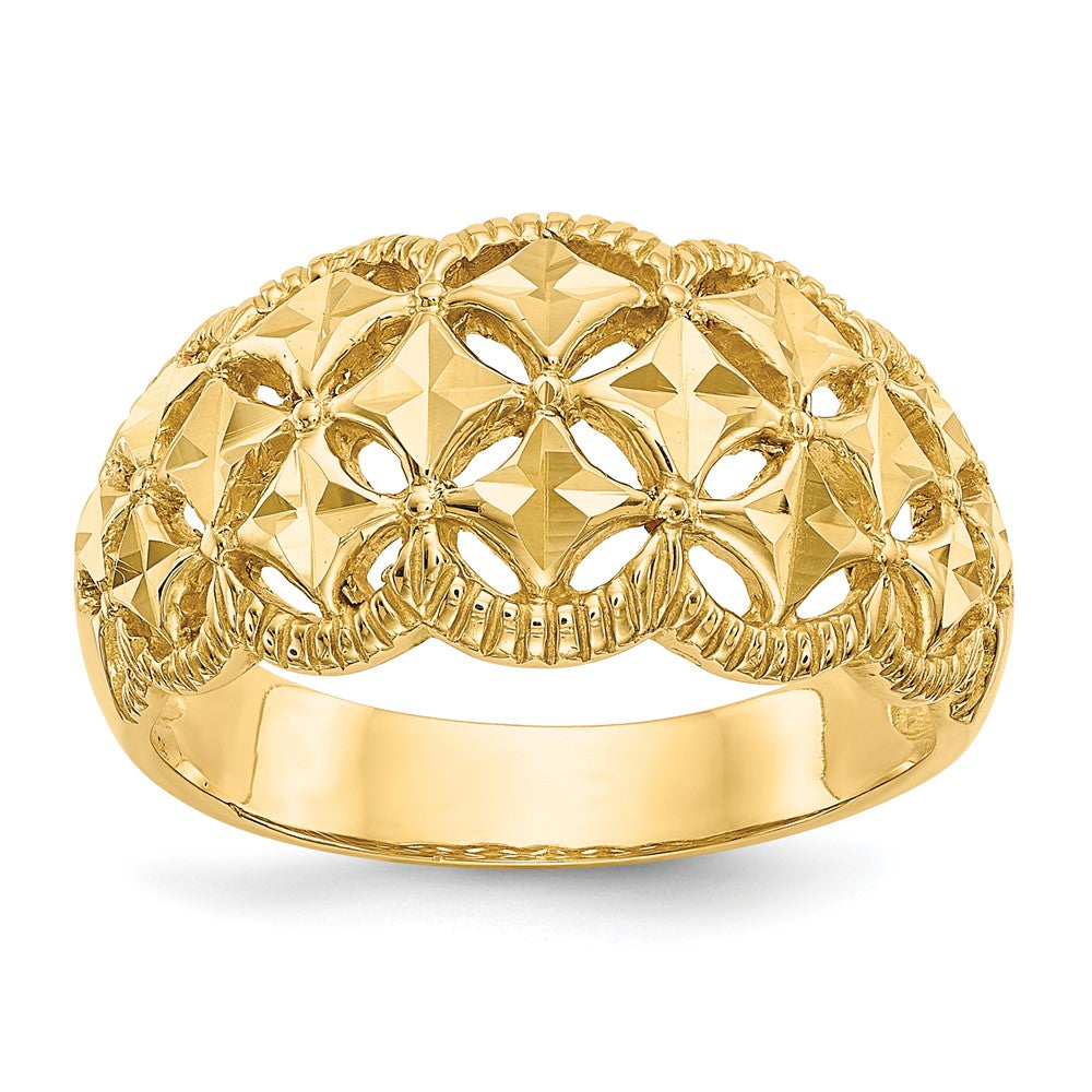 14K Diamond-cut Scalloped Edge Pattern Dome Ring, Size 7