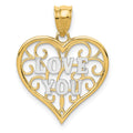 14k and White Rhodium Filigree LOVE YOU Heart Pendant, 22 x 18 mm