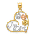 14k Tricolor MOM and Flowers Heart Pendant, 22 x 20 mm