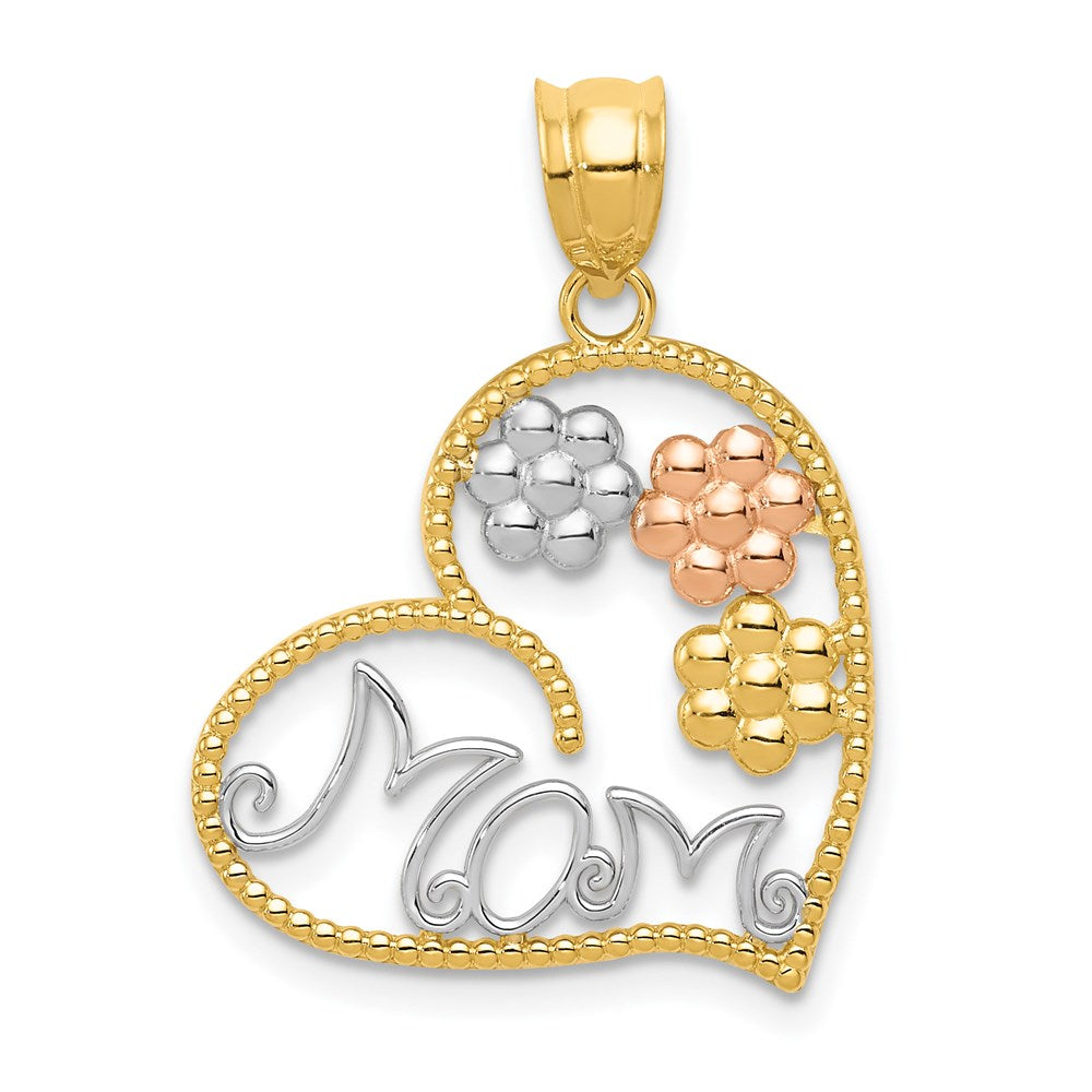 14k Tricolor MOM and Flowers Heart Pendant, 22 x 20 mm