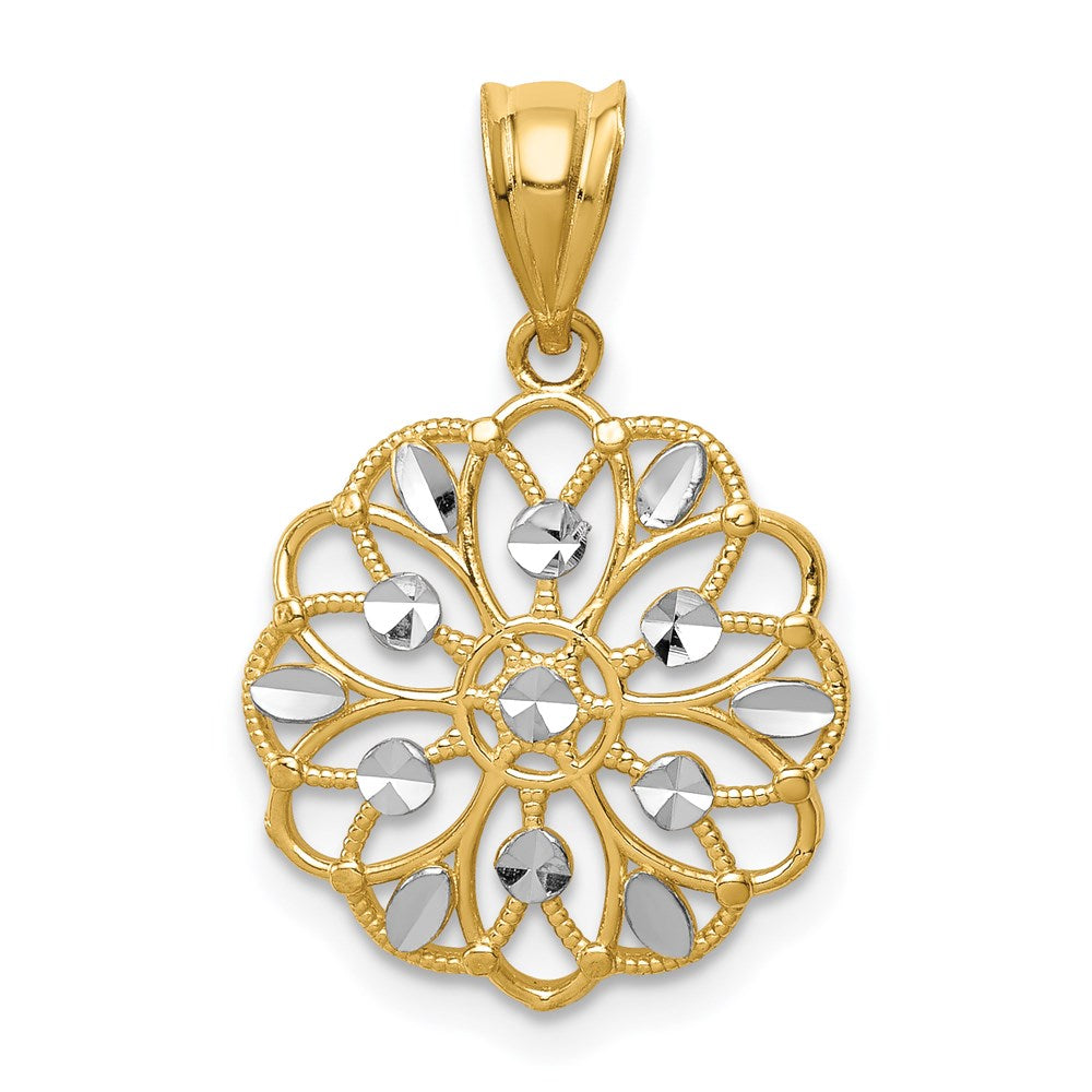 14K and White Rhodium Diamond-Cut Round Pendant, 17 x 15 mm