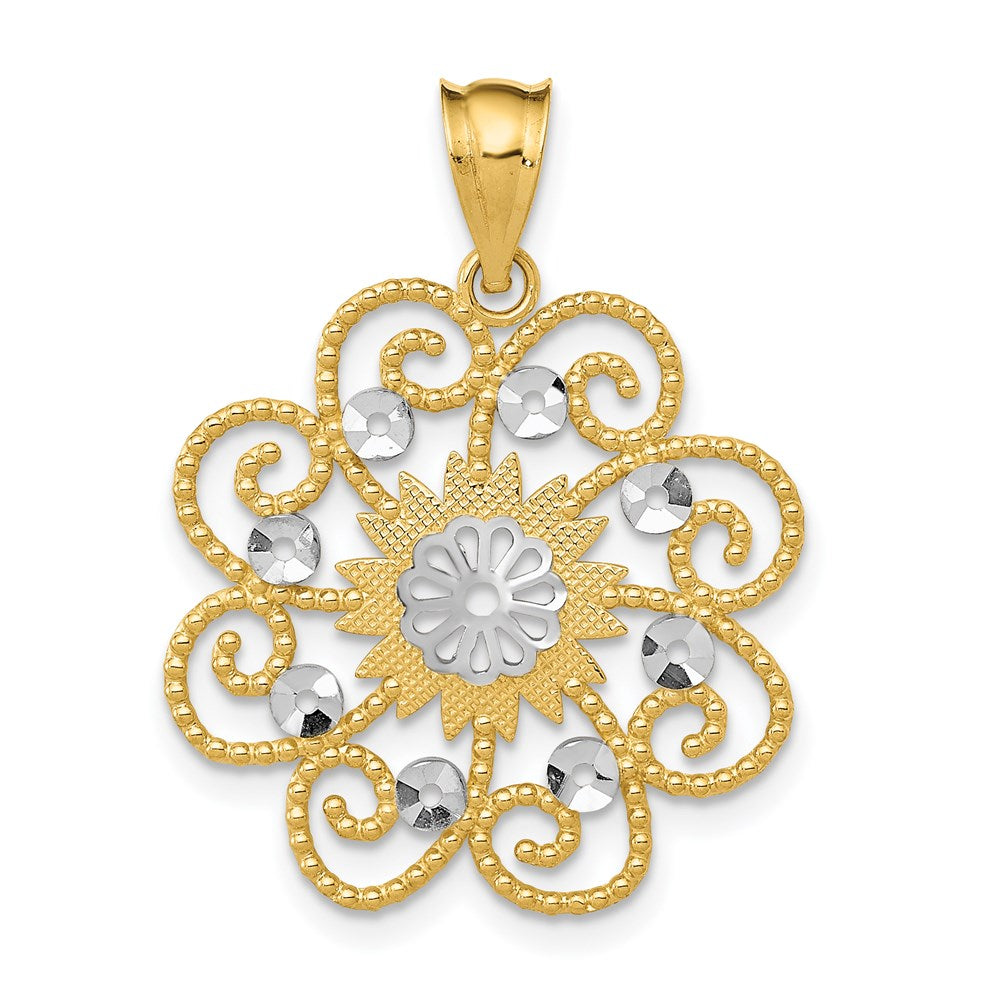 14k and White Rhodium Diamond-cut Swirl Round Pendant, 22 x 20 mm