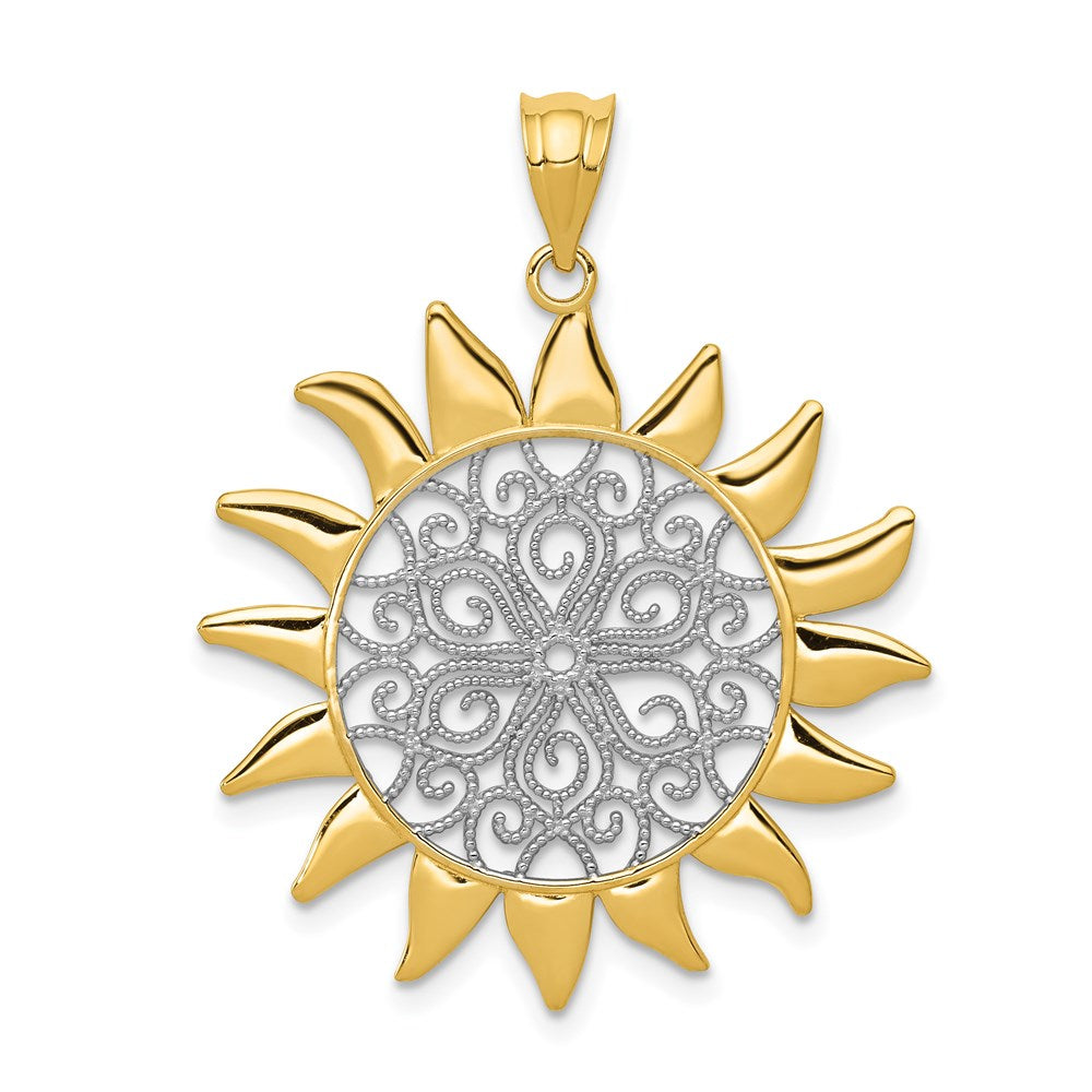 14k and White Rhodium Filigree Sun Pendant, 30 x 28 mm