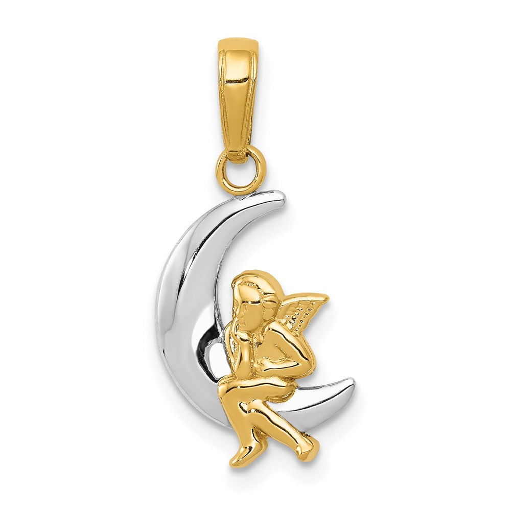 14k and White Rhodium Polished Moon with Angel Pendant, 17 x 11 mm