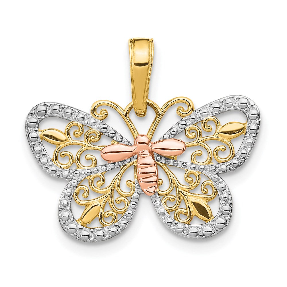 14k Two-tone with White Rhodium Diamond-cut Butterfly Pendant, 14 x 21 mm