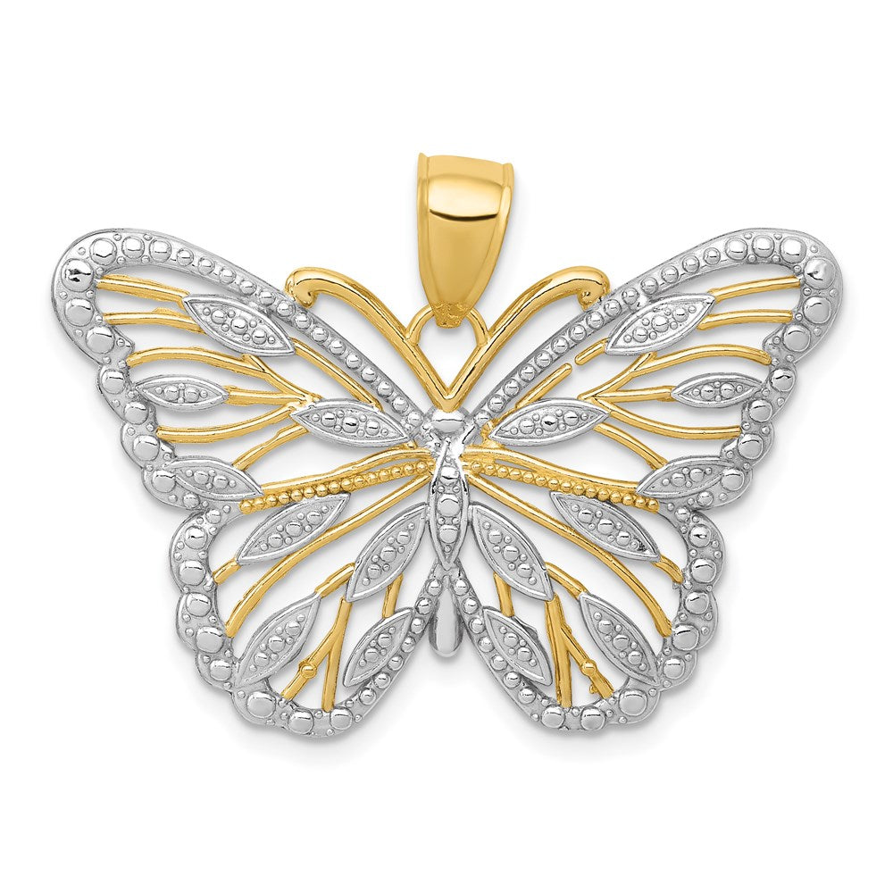 14k and White Rhodium Filigree Butterfly Pendant, 22 x 34 mm