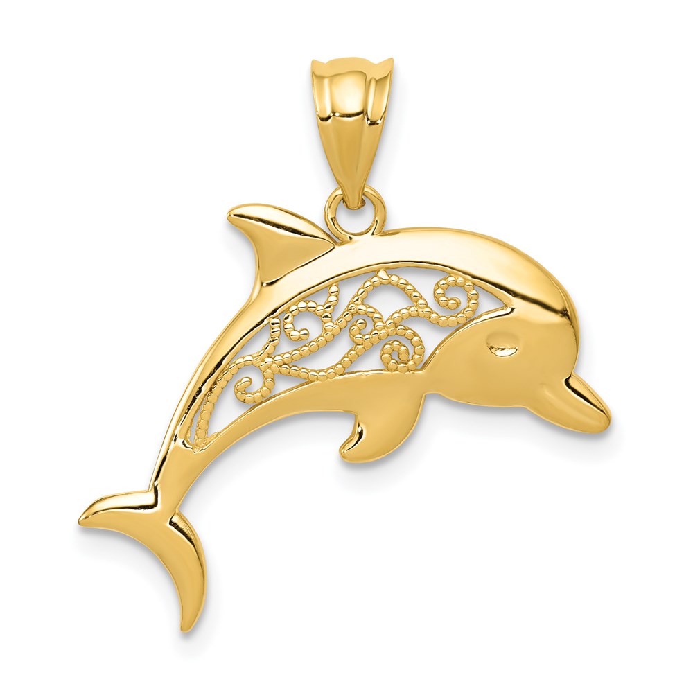 14k Filigree Dolphin Pendant, 25 x 23 mm