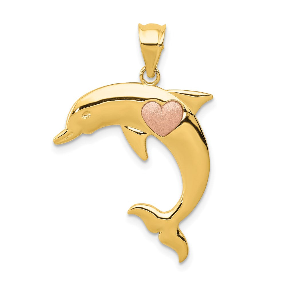 14k Two-Tone Dolphin with Heart Pendant, 30 x 23 mm