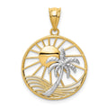 14K Two-tone Sun and Palm Tree in Circle Pendant, 27.45 x 19.45 mm