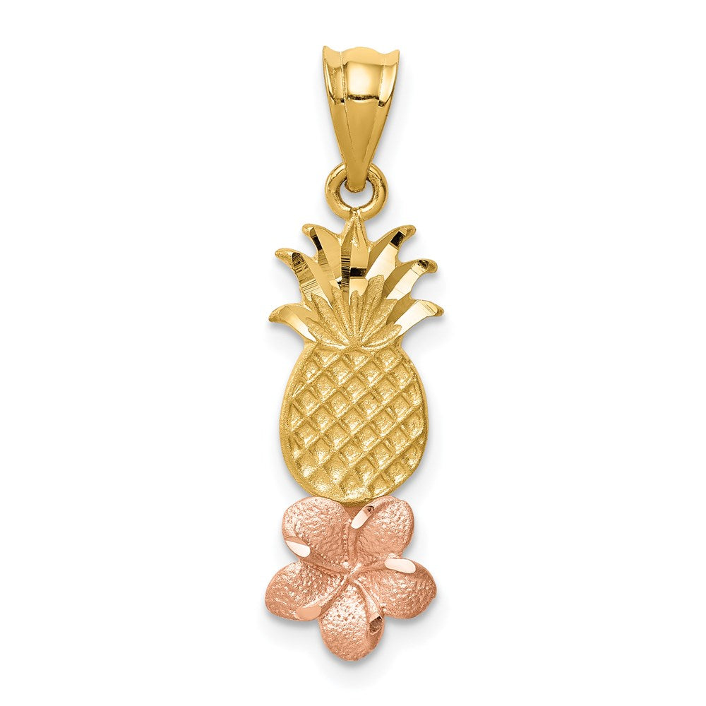 14K Yellow and Rose Gold Pineapple with Plumeria Flower Pendant, 23 x 8 mm