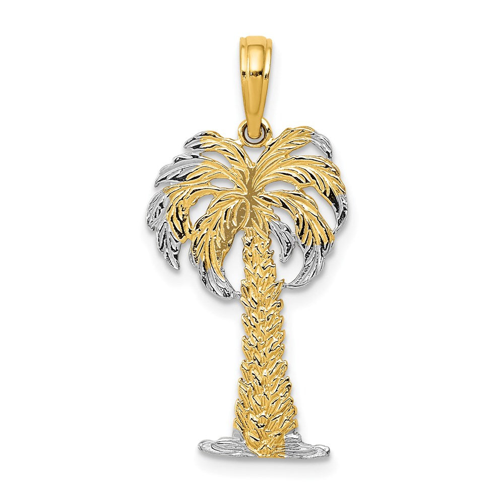 14K and White Rhodium Polished And Textured Palm Tree Pendant, 23 x 14 mm