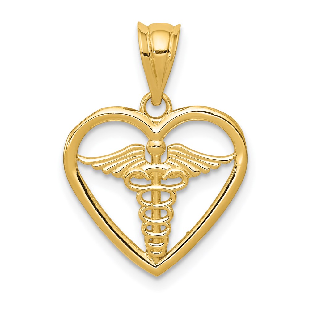 14k Caduceus Heart Medical Pendant, 22 x 16 mm