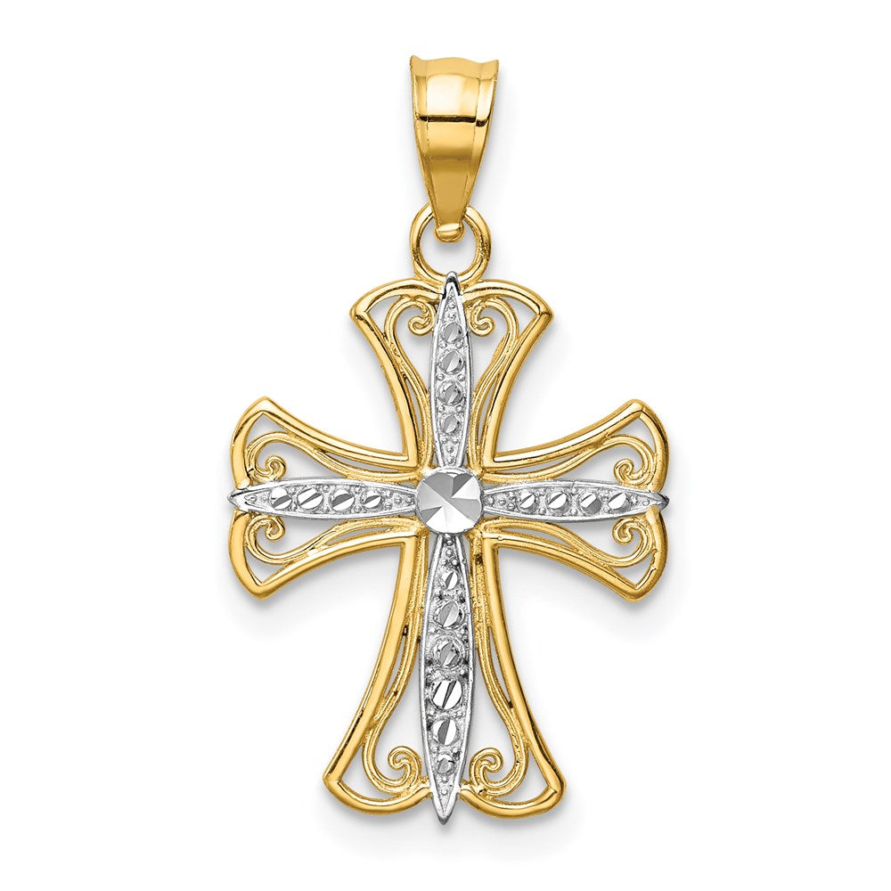 14k and White Rhodium Diamond-cut Cross Pendant, 18 x 14 mm