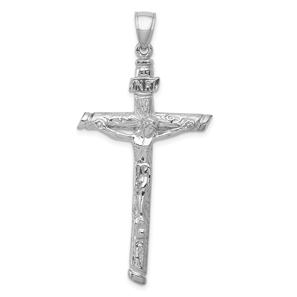 14k White Gold Textured Tree INRI Crucifix Pendant, 52 x 26 mm