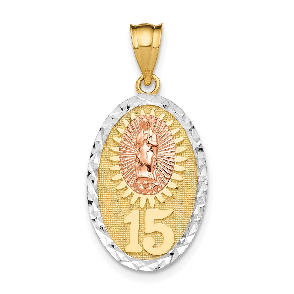 14K Two-tone with White Rhodium Solid Our Lady of Guadalupe 15 Oval Pendant, 27.6 x 13.5 mm