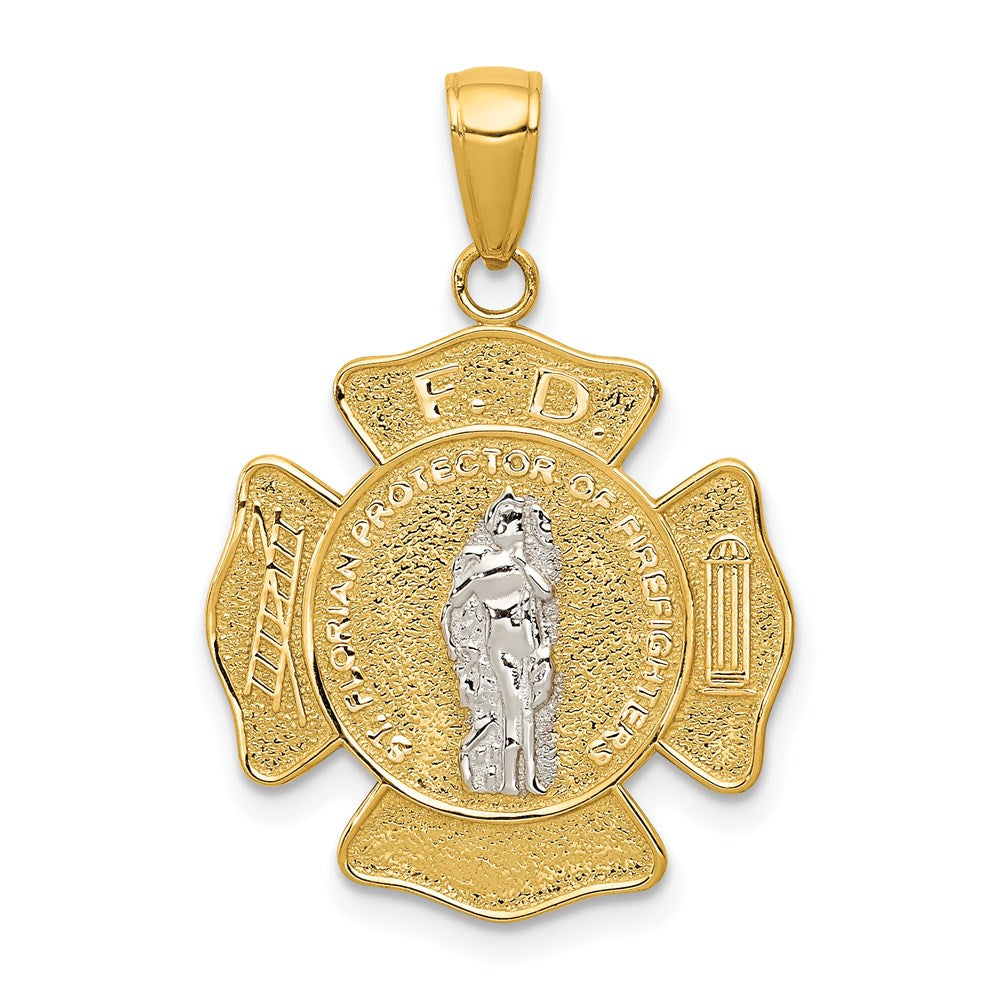 14k Two-tone Polished and Satin Solid Saint Florian Medal Pendant, 28 x 19.25 mm