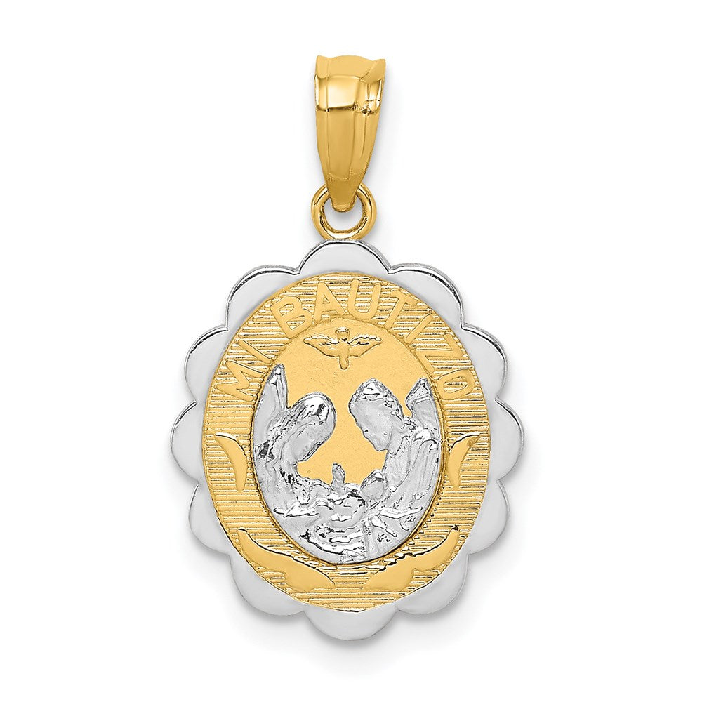 14K Two-tone and White Rhodium Solid Spanish Baptism Mi Bautizo Oval Pendant, 17 x 13 mm