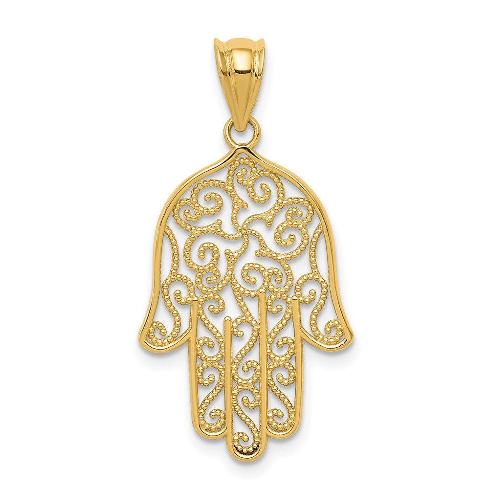 14k Filigree Hamsa Pendant, 26 x 16 mm