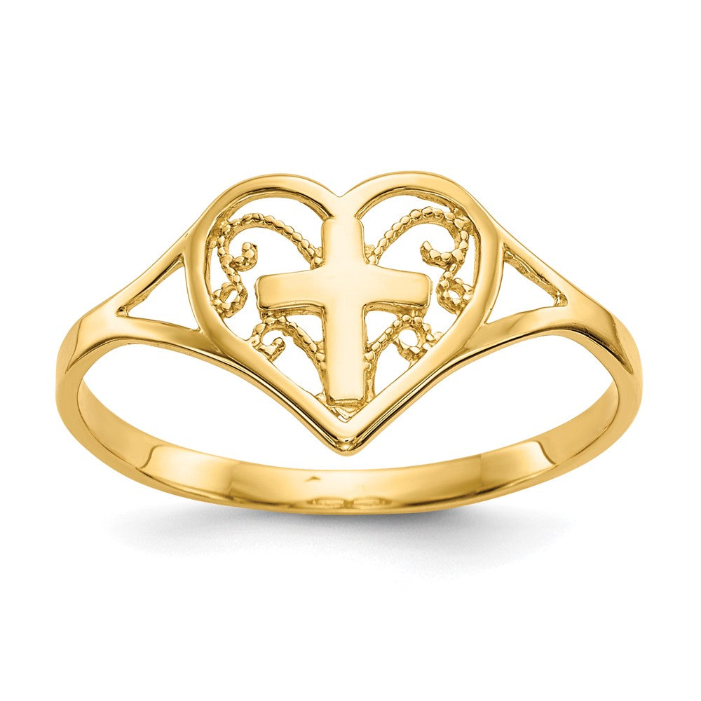 14k Polished Heart with Cross Ring, Size 6.75