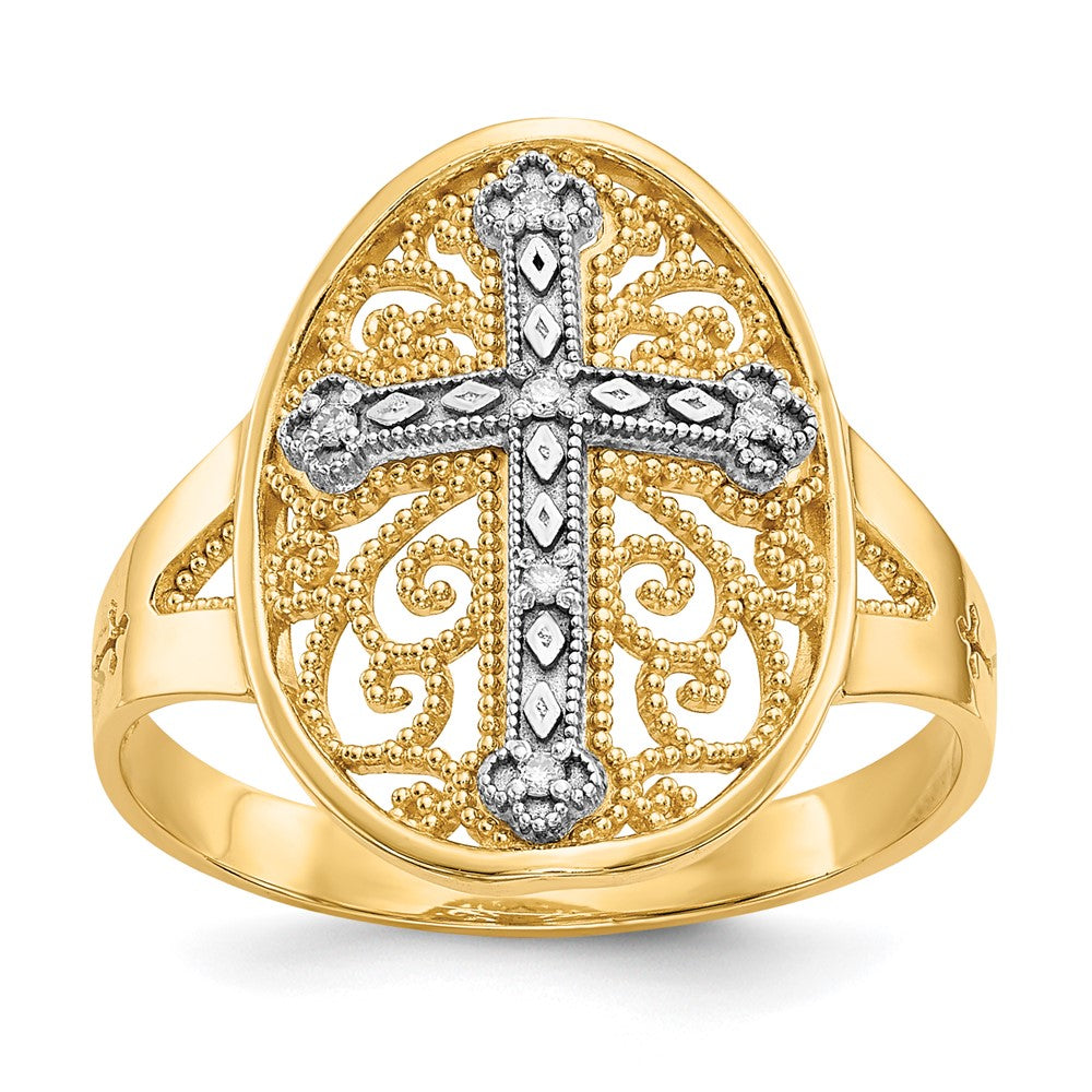 14k Two-tone Diamond Cross in Filigree Oval Ring, 0.03 ct, Size 7.5