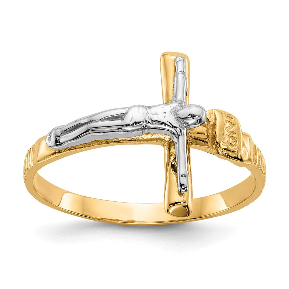 14k Two-tone Polished INRI Crucifix Ring, Size 6.75