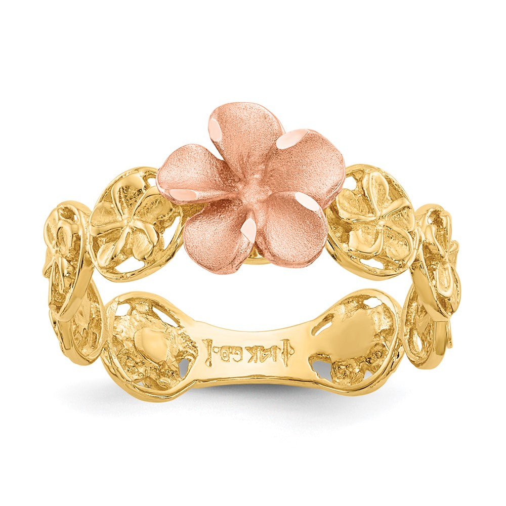 14k Yellow and Rose Gold Diamond-cut Plumeria Flowers Ring, Size 7