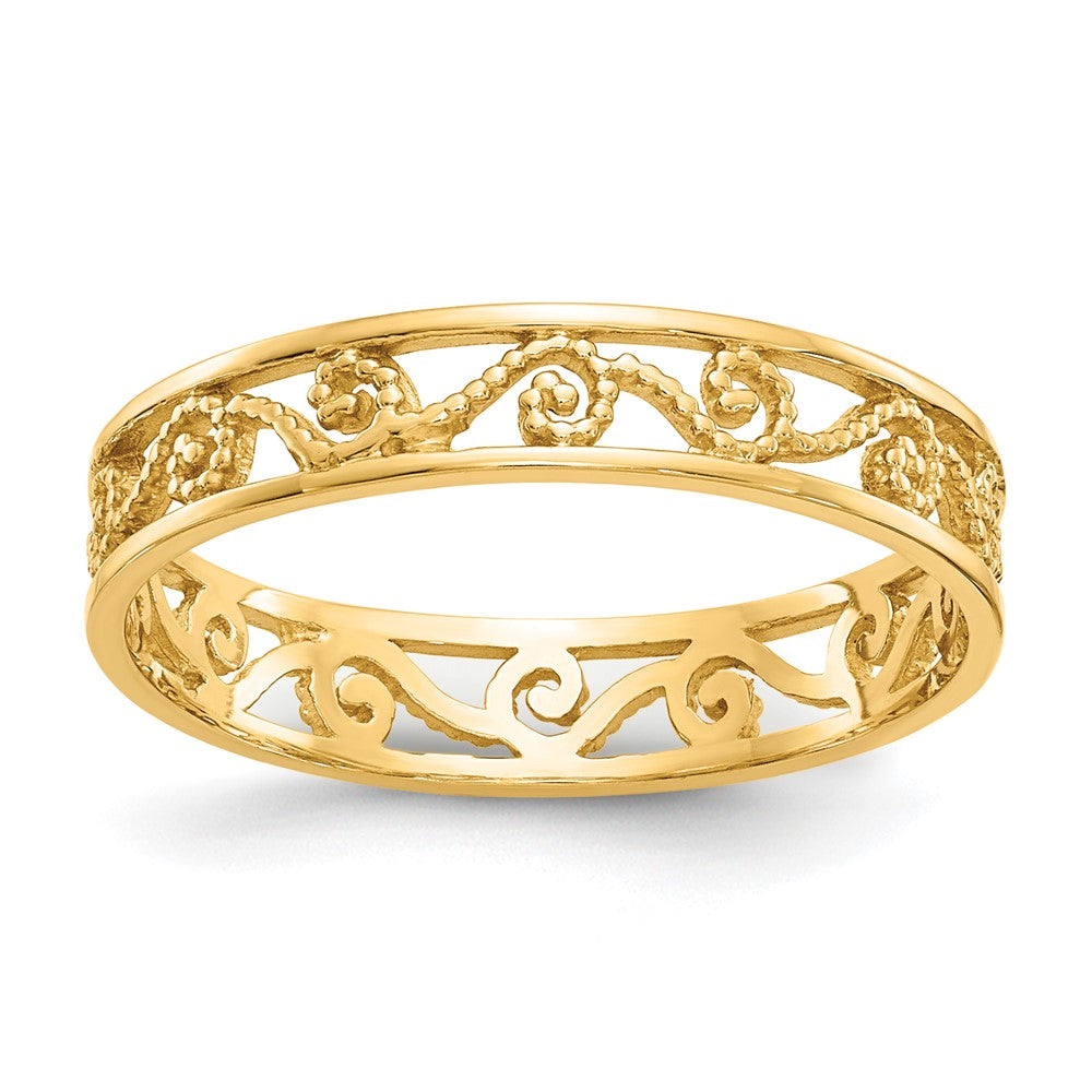 14K Polished and Textured Scroll Filigree Band, Size 7