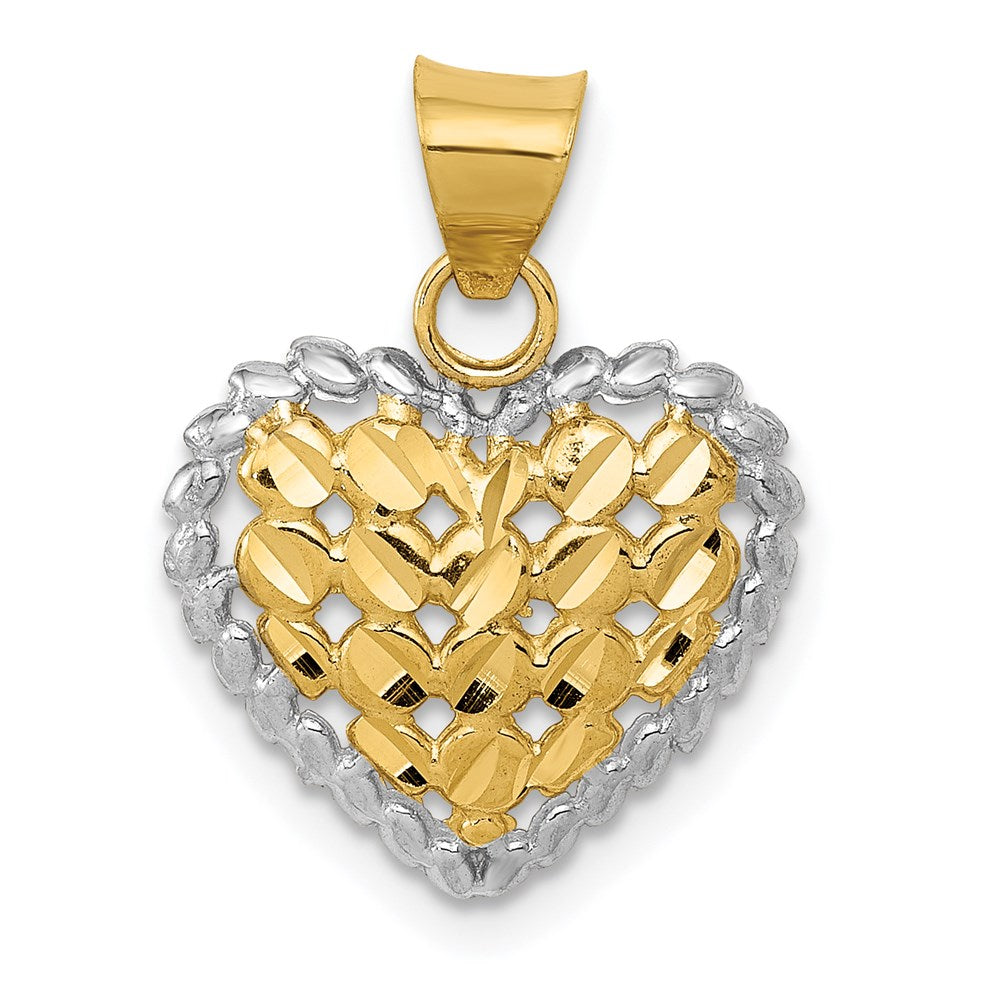 14K and White Rhodium Polished Diamond-cut Heart Pendant, 19 x 14 mm
