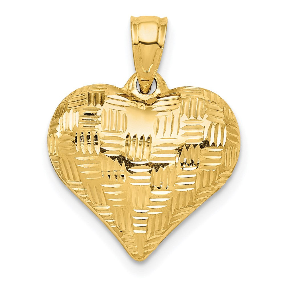 14K Polished Basket Weave Pattern 3-D Puffed Heart Pendant, 20 x 15 mm