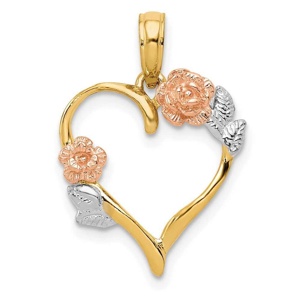 14K Two-tone and White Rhodium Polished Flower Heart Pendant, 22 x 16 mm