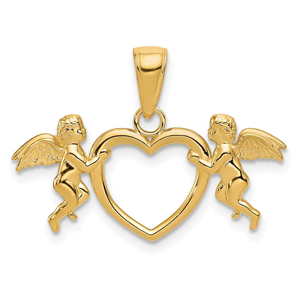 14k Flying Cherubs Holding Heart Pendant, 16 x 25 mm