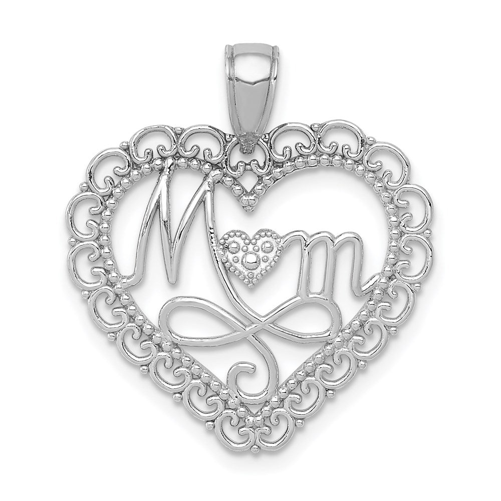 14K White Gold Polished MOM Scalloped Heart Pendant, 22 x 22 mm