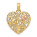 14K Two-tone Polished NANA with Flower on Heart Pendant, 14 x 14.9 mm