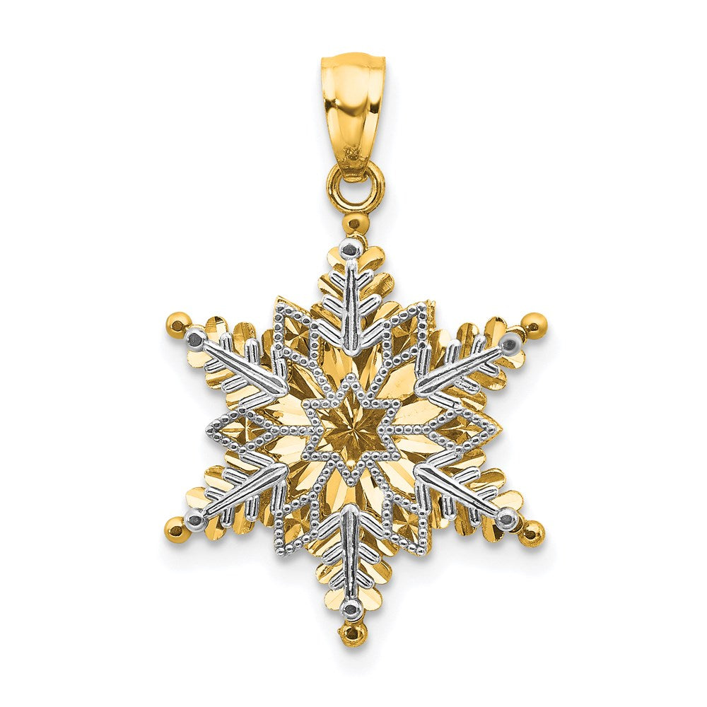 14k Two-tone Polished and Textured 2-Level Snowflake Pendant, 21.1 x 16 mm