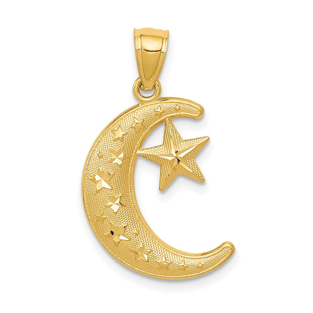 14k Gold Polished and Textured Moon and Stars Pendant, 26.5 x 15.5 mm