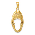 14K Gold Polished 2-D Jaws Shark Head Mouth Opens Pendant, 15 x 14 mm