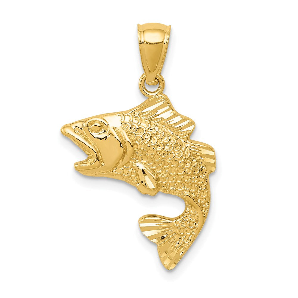 14k Polished Textured Bass Fish Pendant, 20 x 17 mm