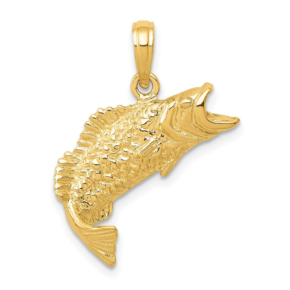 14K Gold Polished Textured Bass Fish Pendant, 19.75 x 19.25 mm