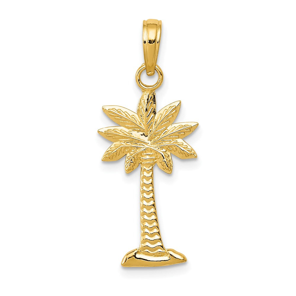14K Gold Polished and Textured 2-D Palmetto Palm Tree Pendant, 28.6 mm