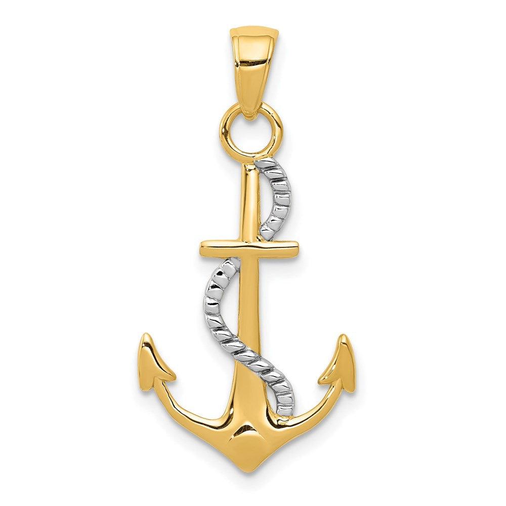 14K Two-tone Polished Anchor with Rope Pendant, 30 x 15 mm